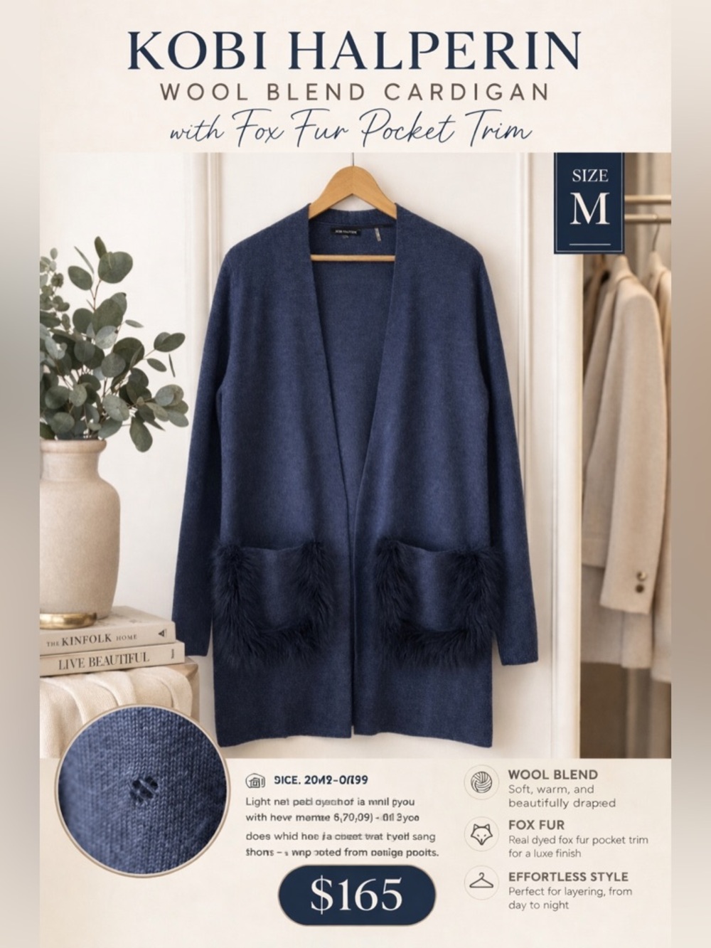 Kobi Halperin Wool Blend Cardigan Navy Fox Fur Trim Size M